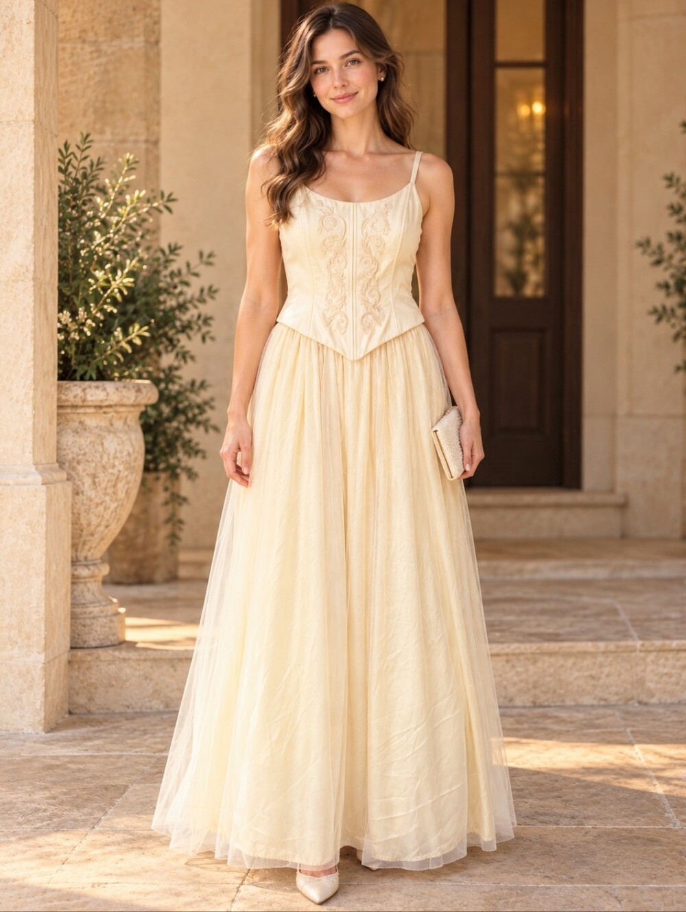 Vintage Jessica McClintock Gunne Sax Ivory Formal Gown Embroidered Satin Formal